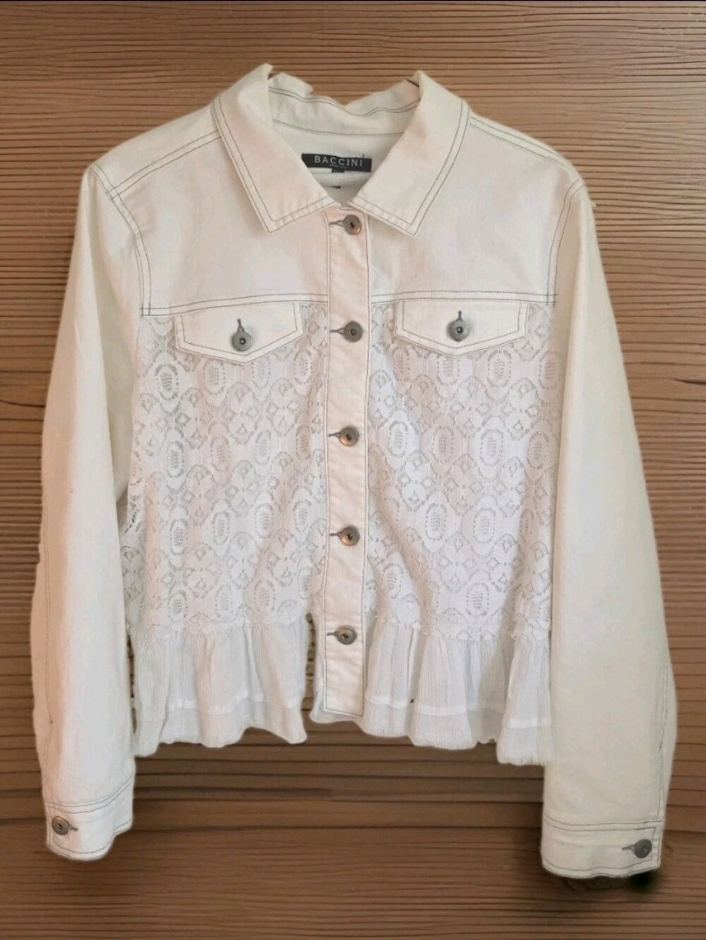 Baccini PXL White Lace Denim Jacket Cottagecore Boho Ruffle